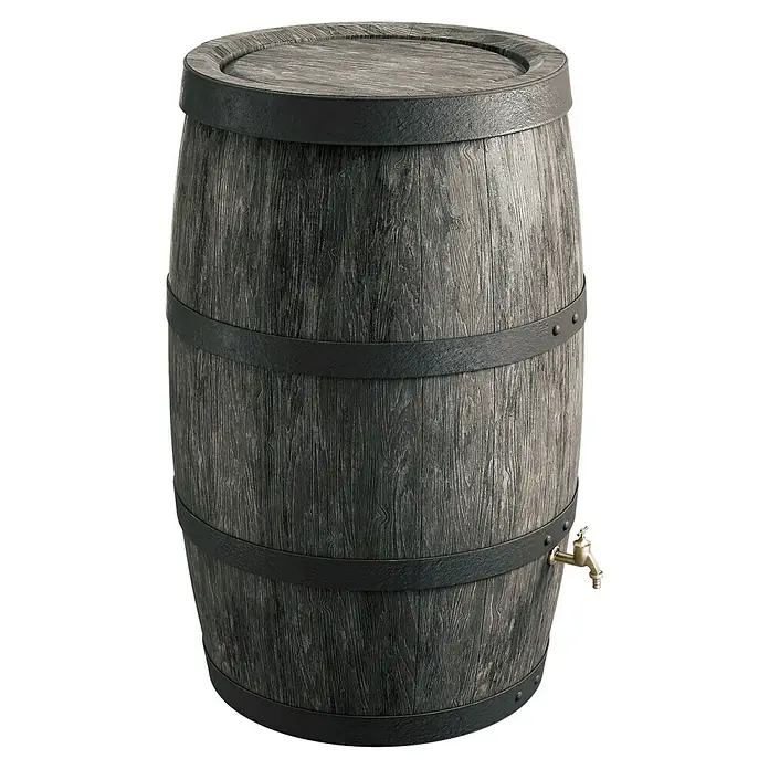 Arves Regenspeicher Burgund - 500 l, Dunkelbraun - Diese Regentonne in Fassoptik bietet eine stilvolle Möglichkeit, Regenwasser zu sammeln. Die graue Holzoptik mit schwarzen Ringen ist zeitlos.