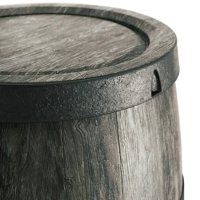 Arves Regenspeicher Burgund - 500 l, Dunkelbraun - Nahaufnahme eines grauen Holzfasses mit dunklen Metallreifen, ideal als rustikales Dekoelement oder Beistelltisch.
