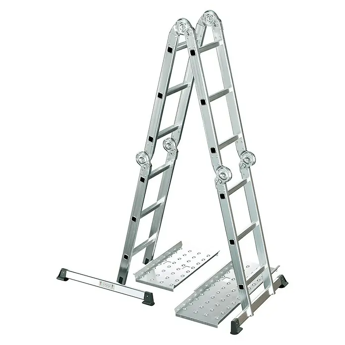 Mehrzweckleiter mit Plattform - Anzahl Tritte: 12 Stk., Arbeitshöhe: 4,3 m, Belastbarkeit: 150 kg, Aluminium - Silberne Mehrzweckleiter mit Plattform in A-Form. Robustes Design für vielfältige Anwendungen im Handwerk und Haushalt.