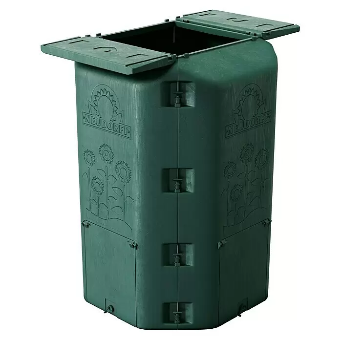Neudorff Komposter DuoTherm 530 L - 530 l, 82 x 82 x 115 cm - Grüner Kunststoff-Komposter mit offenem Deckel, 'NEUDORFF'-Marke und Sonnenblumen-Design.