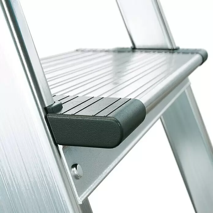 Hailo Stehleiter XXL - Anzahl Tritte: 4 Stk., Arbeitshöhe: 2,6 m, Belastbarkeit: 150 kg, Aluminium - Silberfarbene Leiterstufe mit einer dunkelgrauen, gerippten, rutschfesten Kunststoffkappe.