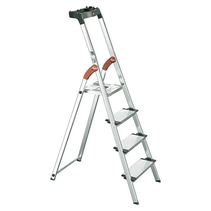 Hailo Escalera de tijera XXL - Número de peldaños: 4 ud., Altura de trabajo: 2,6 m, Carga soportada: 150 kg, Aluminio - Escalera Hailo ProfiLine TL100 con cuatro peldaños y bandeja de almacenamiento para un uso seguro en hogares y entornos comerciales.