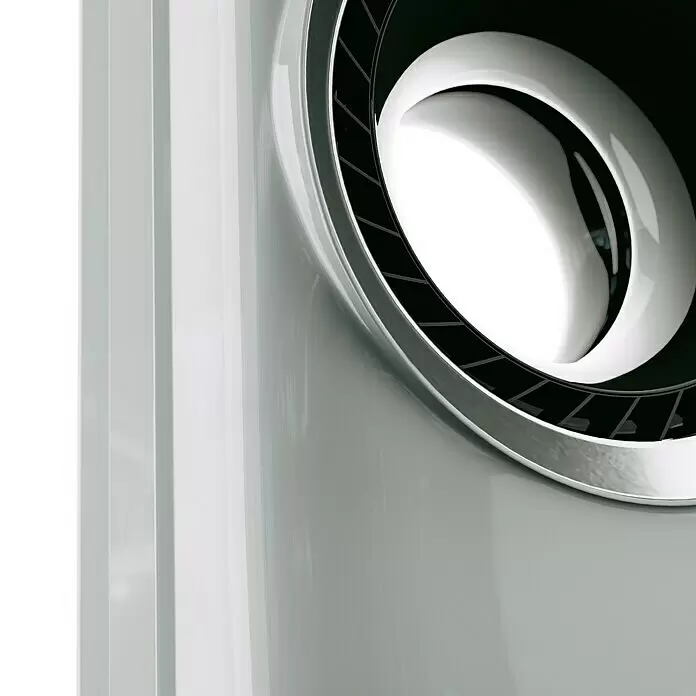 Voltomat Luftkühler - Weiß, Höhe: 80,4 cm - Ein schlankes, weißes, glänzendes Elektronikgerät mit kreisförmiger Öffnung, silbernem Rand und schwarzen Innenlamellen.