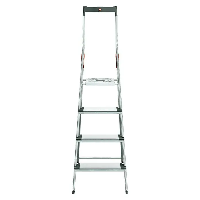 Hailo Escalera de tijera XXL - Número de peldaños: 4 ud., Altura de trabajo: 2,6 m, Carga soportada: 150 kg, Aluminio - Una escalera doméstica Hailo de cinco peldaños con peldaños acanalados y una barra de apoyo. Garantiza una posición segura en el hogar.
