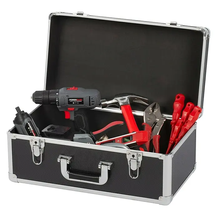 Kreator Juego de cajas de herramientas KRT640501B - 3 pzs., Ruedas, Con cerradura - Caja de herramientas con taladro, martillo, alicates, destornilladores y otras herramientas para aficionados al bricolaje y profesionales.\n