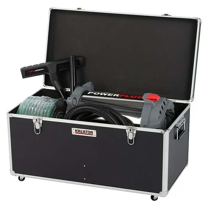 Kreator Juego de cajas de herramientas KRT640501B - 3 pzs., Ruedas, Con cerradura - Vista del producto de una pulidora Powerplus con accesorios, guardada en un estuche negro resistente con herrajes plateados.