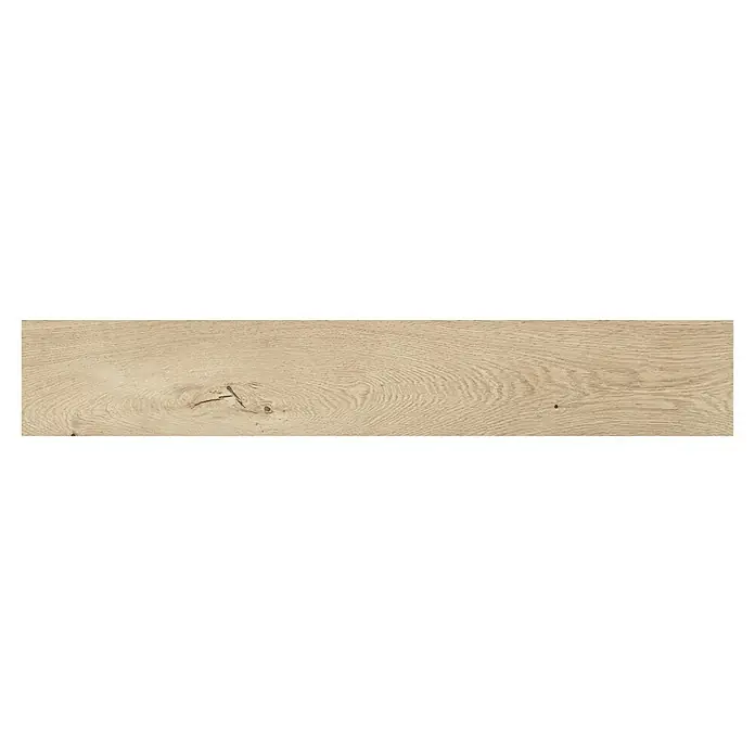 Harmonie by Palazzo Feinsteinzeugfliese - 20 x 120 cm, Creme, Matt - Nahaufnahme einer hellen Holzoberfläche mit Maserung und Astlöchern, ideal für Bodenbeläge oder Möbeldesigns.
