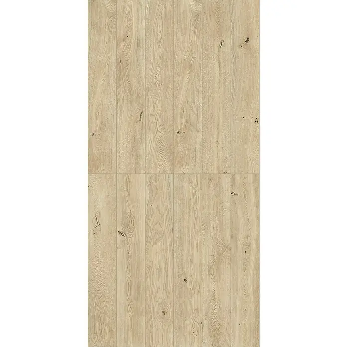 Harmonie by Palazzo Feinsteinzeugfliese - 20 x 120 cm, Creme, Matt - Nahaufnahme von hellem Holzbodenbelag mit Maserung und Astlöchern für ein natürliches Aussehen.