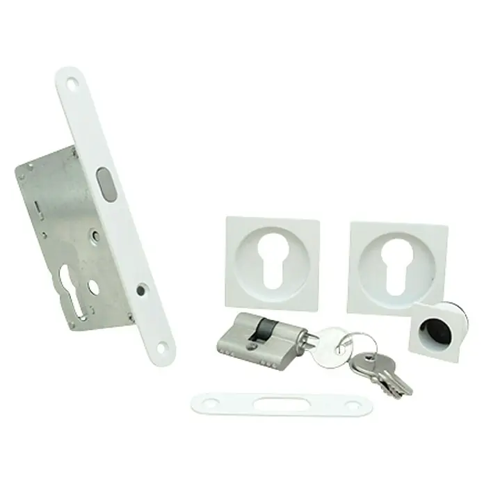 GDK Juego de cerradura de puerta corredera con bombín - An x Al: 16 x 160 mm, Blanco, Cuadrado - Juego de cerradura de puerta con cilindro, llaves y herrajes. Conjunto de alta calidad para seguridad y comodidad en su hogar.