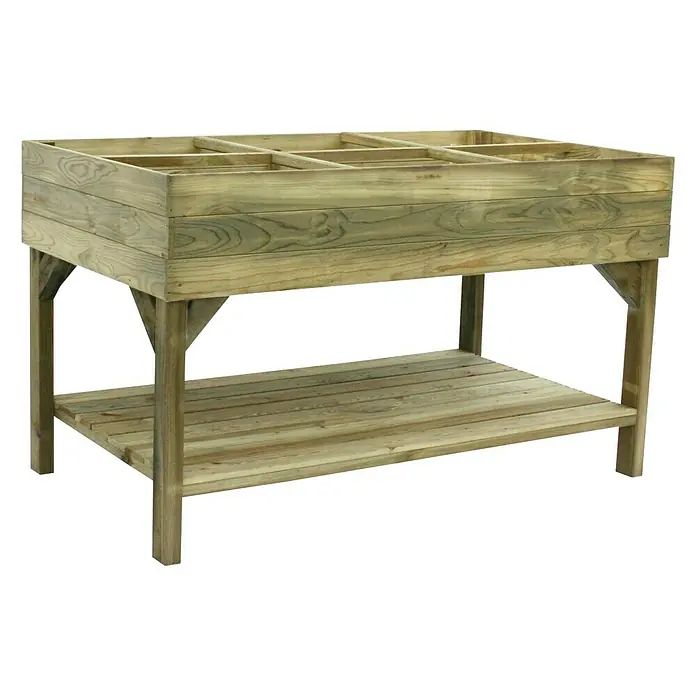Cerland Huerto Paprika - 150 x 80 x 87 cm, Madera, Marrón - Esta mesa de jardinería de madera cuenta con una superficie de trabajo elevada y un estante para herramientas.