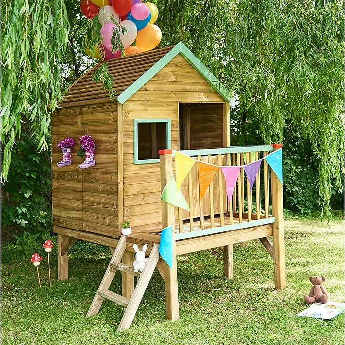 Soulet Spielhaus Winny - L x B x H: 155 x 175 x 210 cm, Holz, Natur - Ein charmantes Spielhaus aus Holz mit bunten Akzenten, ideal für fantasievolle Spiele im Garten.