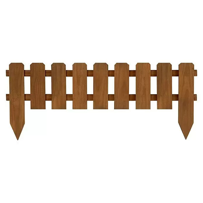 Cerland Valla mini ranurada Onel - L x Al: 1,1 x 0,25 m, Marrón - Valla de madera marrón con estacas puntiagudas y postes de tierra.