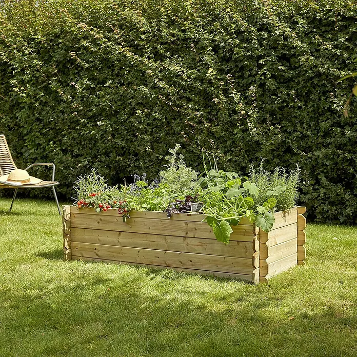 Cerland Huerto Basil - 140 x 60 x 36 cm, Madera - Jardín elevado de madera con varias hierbas y plantas en un jardín. Ideal para cultivar verduras y hierbas en un espacio pequeño.