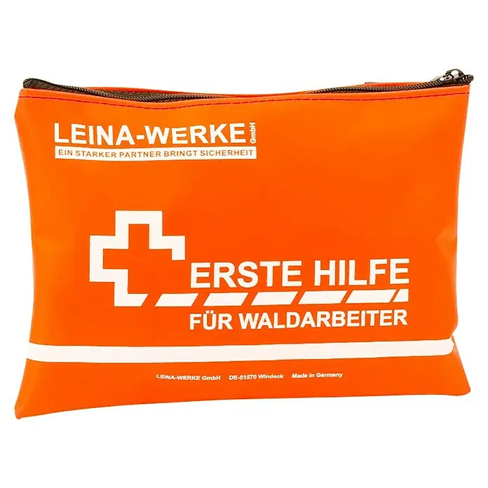 Leina-Werke Erste-Hilfe-Set Für Waldarbeiter - Reißverschluss, Orange - Orangefarbene Erste-Hilfe-Tasche für Waldarbeiter von LEINA-WERKE mit weißem Kreuz und Schriftzug.