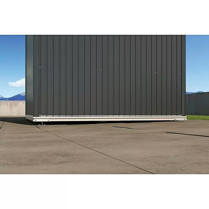 Biohort SmartBase Fundament SmartBase - Aluminium, Passend für: Biohort Gerätehaus HighLine H3, AvantGarde A6, Panorama P3 - Dunkelgraues, vertikal verkleidetes Außenmodul, auf hellfarbiger Basis mit verstellbaren Füßen auf Betonfläche erhöht.