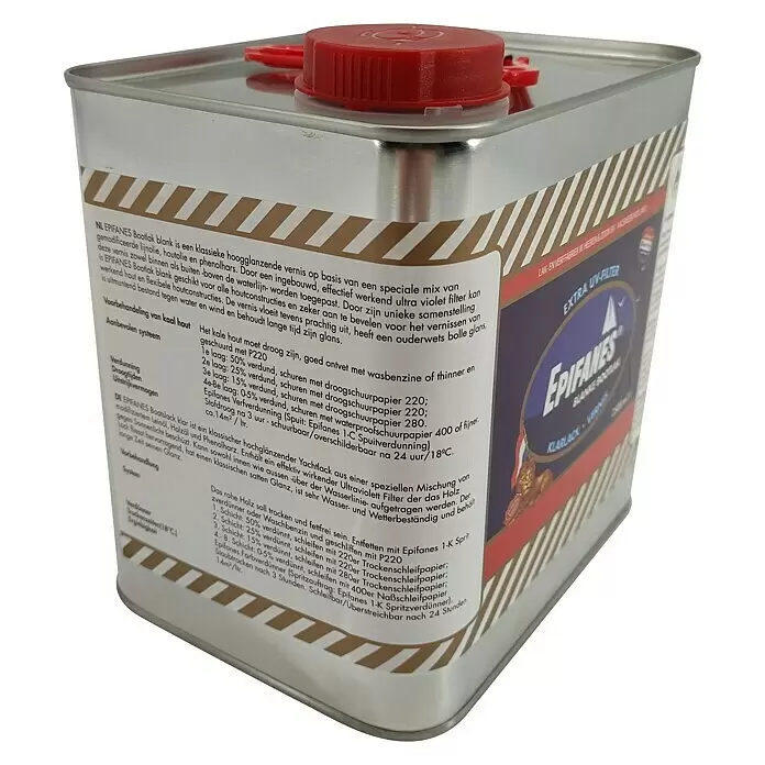 Epifanes Klarlack - 2,5 l - Silberne Metallkanne Epifanes Klarlack für Boote mit rotem Schraubverschluss und weißem Informationsetikett.
