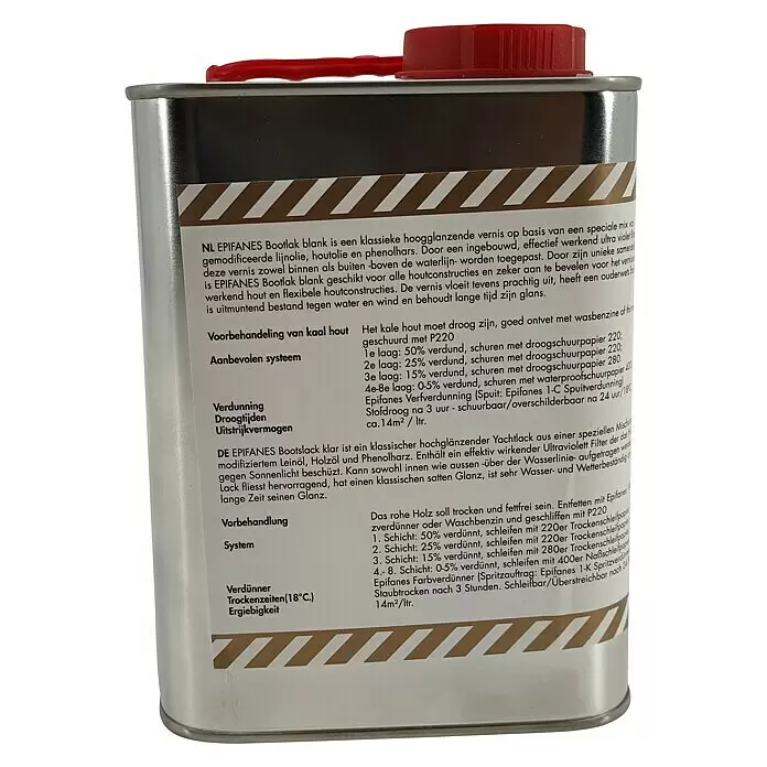 Epifanes Klarlack - 2,5 l - Eine Metalldose Epifanes klarer Hochglanz-Bootslack mit rotem Schraubverschluss und weißem Etikett.