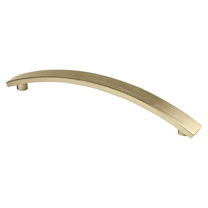 Nesu Tirador para muebles - Largo: 148 mm, Distancia entre orificios: 128 mm - Elegante frontal de cajón dorado curvo con acabado cepillado y robustos pies de montaje cilíndricos, perfecto para muebles modernos.