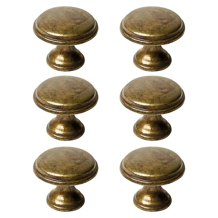 Nesu Pomo para muebles Bronce - Ø x Al: 29 x 23 mm, 6 ud. - Primer plano de seis pomos de bronce para muebles con superficie abombada, añadiendo un toque clásico y elegante.
