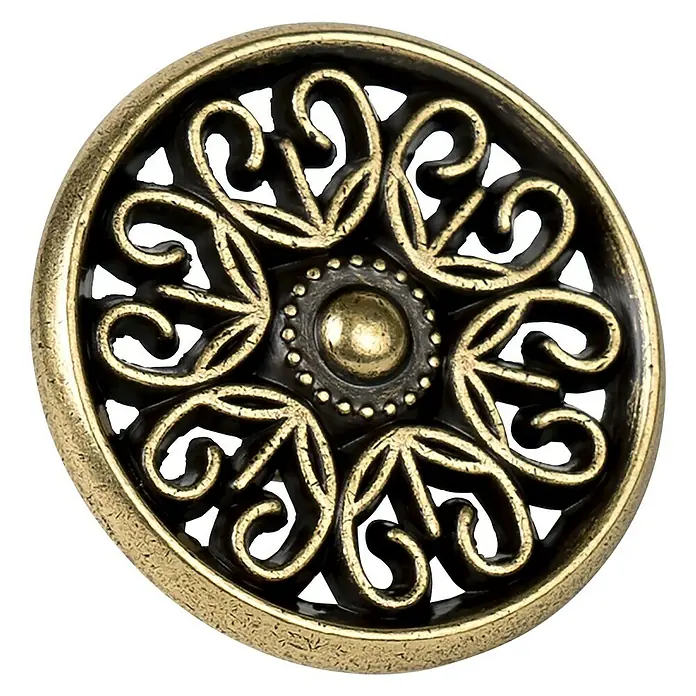 Nesu Pomo para muebles Cuero Viejo - Ø x Al: 35 x 16 mm, Cuero envejecido, 1 ud. - Primer plano de un botón decorativo de metal con motivo floral y acabado dorado.