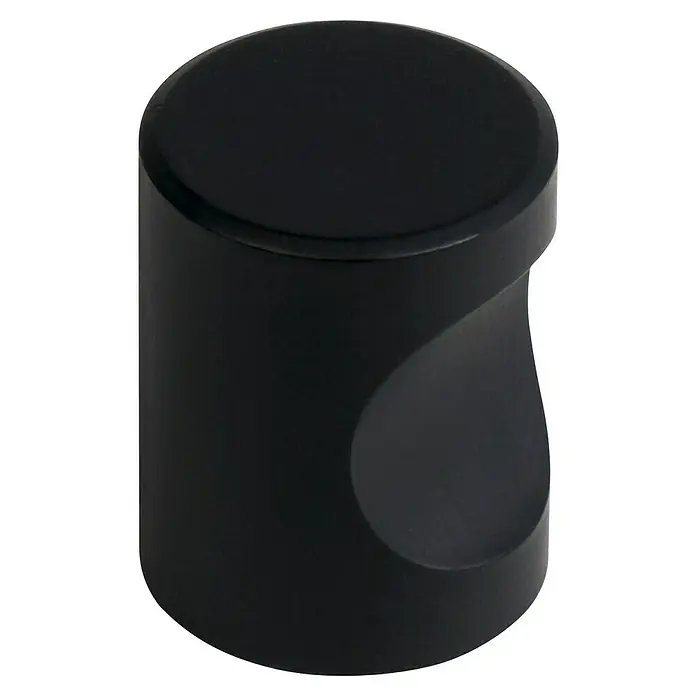 Nesu Pomo para muebles - Tipo de tirador del mueble: Botón, Ø x Al: 20 x 26 mm, Aluminio, Negro - Primer plano de un moderno tirador de armario negro con forma cilíndrica y un hueco redondeado para facilitar el agarre.