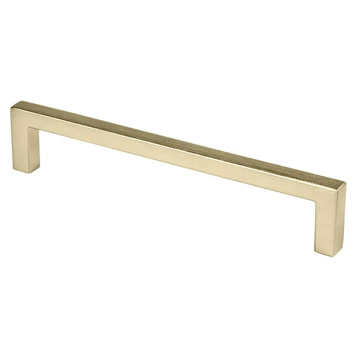 Nesu Tirador para muebles - Largo: 136 mm, Distancia entre orificios: 128 mm, Latón, Satinado - Primer plano de un tirador de mueble rectangular moderno dorado cepillado, ideal para armarios y cajones.