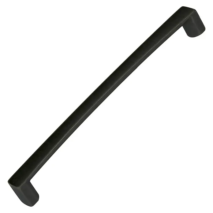 Nesu Tirador para muebles - Largo: 172 mm, Distancia entre orificios: 160 mm, Negro - Se muestra un tirador de armario oscuro y alargado con extremos redondeados sobre un fondo negro. Es ideal para cocinas modernas.