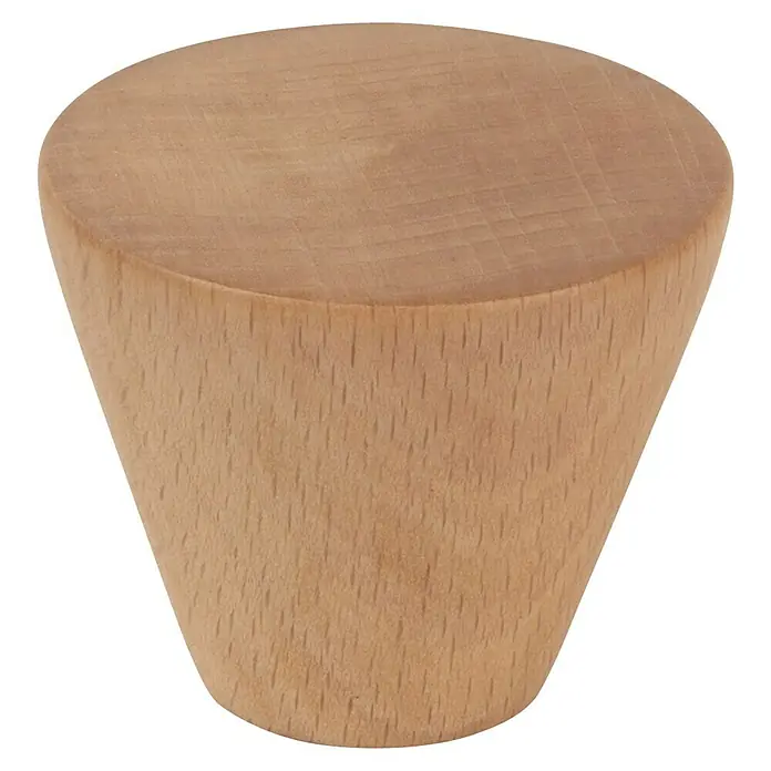Nesu Pomo para muebles Haya - Ø x Al: 40 x 25 mm, Madera, Natural - Primer plano de un pomo de mueble de madera en forma de cono con una parte superior lisa y redonda, sobre un fondo negro.