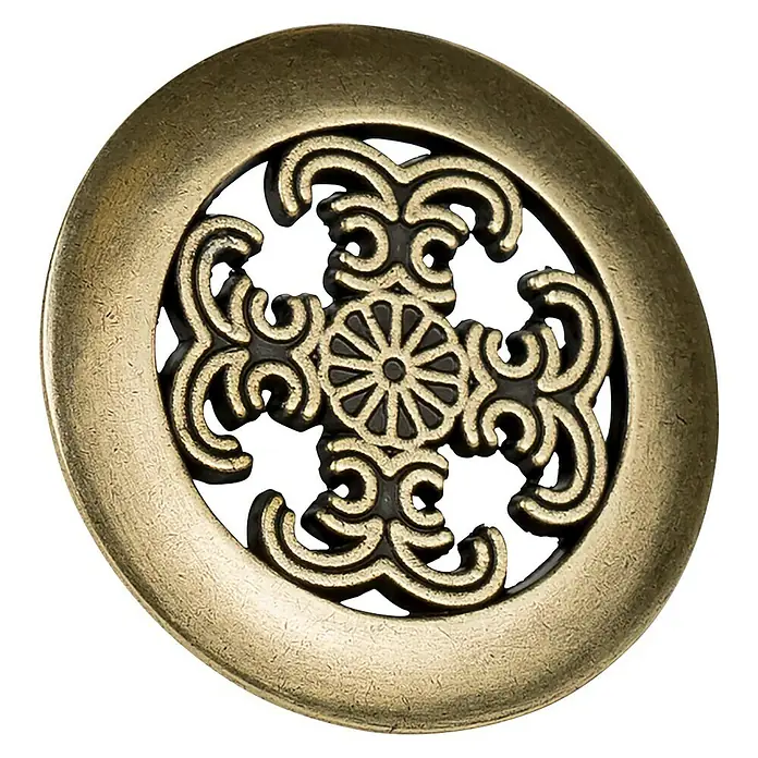 Nesu Pomo para muebles Cuero Viejo - Ø x Al: 37 x 17 mm, Cuero envejecido, 1 ud. - Primer plano de un botón de latón redondo y ornamentado con un diseño de filigrana, perfecto para ropa.