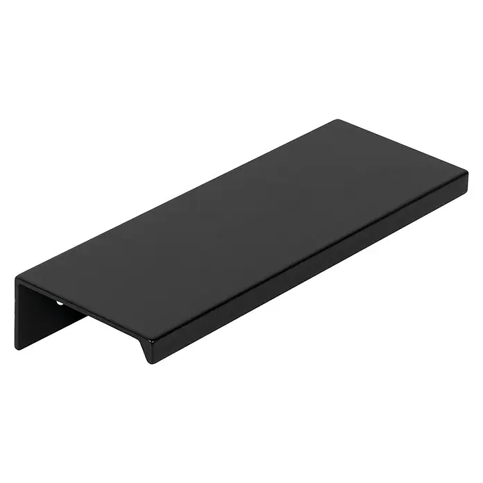 Nesu Tirador para muebles - Largo: 88 mm, Distancia entre orificios: 64 mm - Primer plano de un elegante tirador de cajón negro mate, que muestra un diseño y funcionalidad modernos.