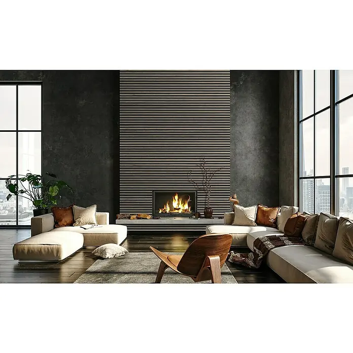 FibroTech Akustikpaneel Premium - Grey Oak, 2.440 x 605 x 22 mm - Wohnzimmer mit modernem Kamin und stilvollen Möbeln. Der Fokus liegt auf dem eleganten Design des Kamins und der gemütlichen Atmosphäre.