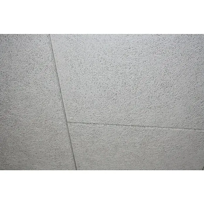 FibroTech Akustikplatte Multi Fein - Fein Weiß, 1.200 x 600 x 25 mm, 0,72 m² - Detailansicht einer strukturierten, hellgrauen Holzspanplatte, die als Deckenverkleidung dient, mit sichtbaren Fugen und Schrauben.