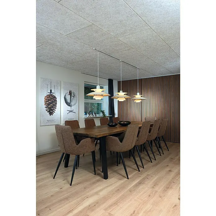 FibroTech Akustikplatte Multi Fein - Fein Weiß, 1.200 x 600 x 25 mm, 0,72 m² - Ein Esszimmer mit einem Holztisch, stilvollen Stühlen, modernen Hängelampen und dekorativen Wandbildern, das eine einladende Atmosphäre schafft.