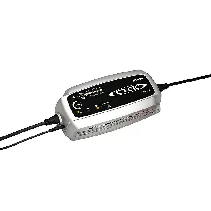 CTEK Automatik-Ladegerät MXS 10 EU - Ladestrom: 10 A, Kapazität: 20 Ah - 200 Ah - CTEK MXS 10 12V/10A Batterieladegerät, ein silbergraues Gerät mit schwarzen Kabeln für Blei-Säure-Batterien.