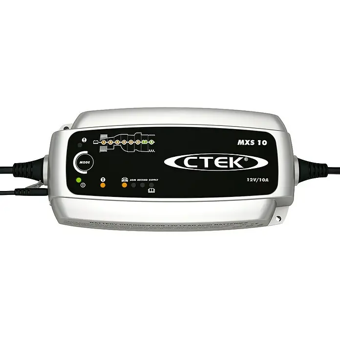 CTEK Automatik-Ladegerät MXS 10 EU - Ladestrom: 10 A, Kapazität: 20 Ah - 200 Ah - Nahaufnahme des CTEK MXS 10 Batterieladegeräts, ein intelligentes Ladegerät für Blei-Säure-Batterien mit 12V/10A, ideal für Auto- und Motorradbatterien.