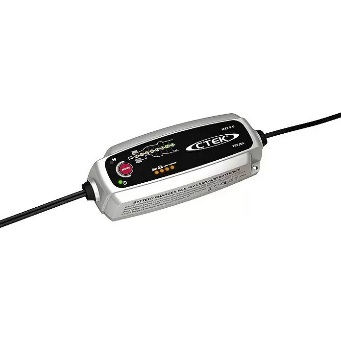 CTEK Automatik-Ladegerät MXS 5.0 EU - Ladestrom: 5 A, Kapazität: 1,2 Ah - 110 Ah - Silbergraues CTEK MXS 5.0 12V/5A Ladegerät für 12V Bleisäurebatterien, mit LED-Anzeige.