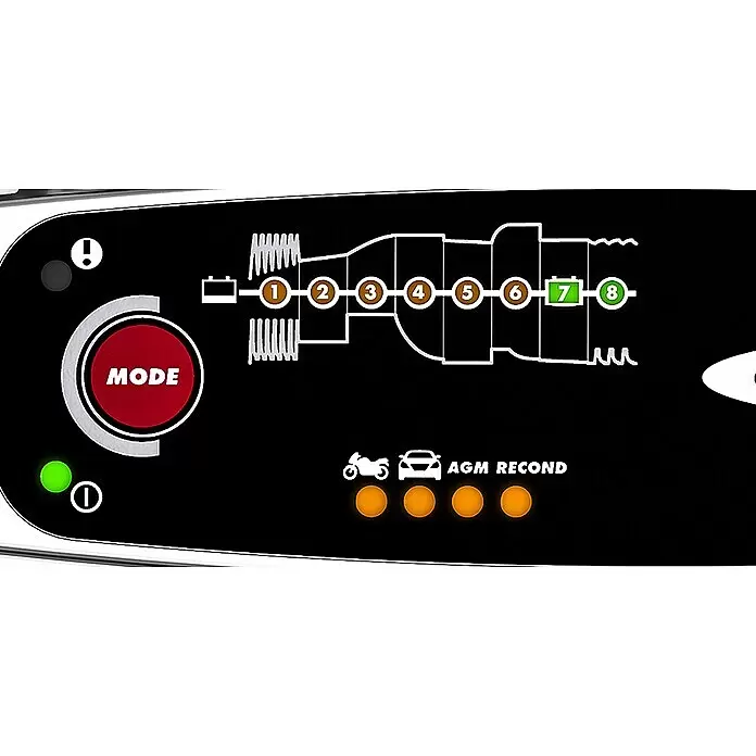 CTEK Automatik-Ladegerät MXS 5.0 EU - Ladestrom: 5 A, Kapazität: 1,2 Ah - 110 Ah - Schwarzes Batterieladegerät-Display: 8-stufiger Ladevorgang (Schritte 7 & 8 grün), Power-Licht, MODE-Taste, Fahrzeugauswahl, aktiver AGM RECOND Modus.