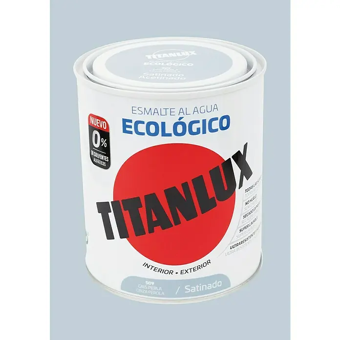 Titanlux Esmalte de color Eco - Gris perla, Satinado, 750 ml, Base de agua - Un bote de pintura Titanlux ECOLÓGICO gris perla. Esmalte al agua, ideal para interiores y exteriores, ecológico y sin disolventes.
