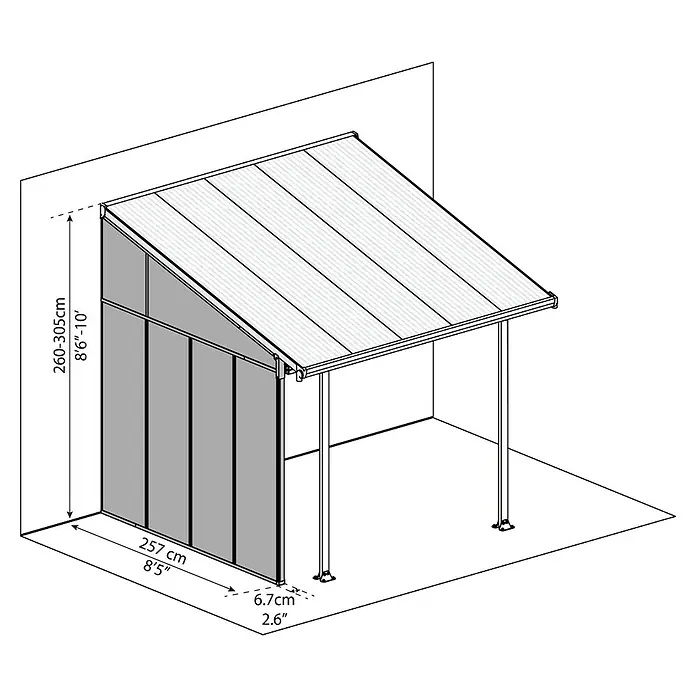 Palram – Canopia Panel lateral Sidewall - Blanco - Ilustración de una cubierta de patio con medidas, que es un complemento útil para cualquier espacio de jardín.