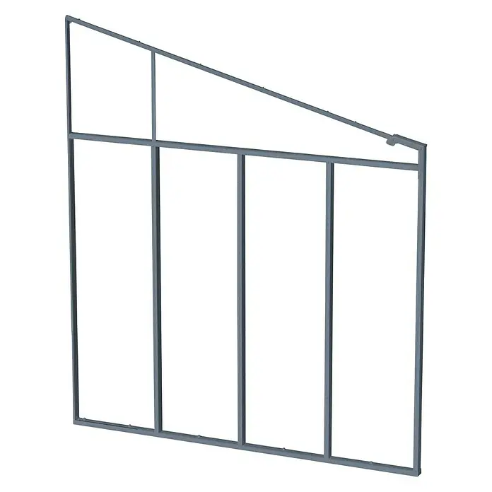 Palram – Canopia Seitenwand - Anthrazit - Eine graue Metallstruktur mit vertikalen und geneigten Elementen, die ein modernes Design für Architektur oder Bauwesen darstellt.