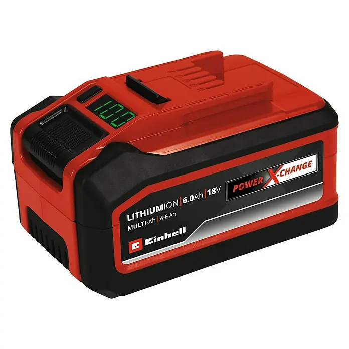 Einhell PXC 18V Set de baterías TwinPack - 18 V, 5,2 Ah, 2 baterías - Una batería roja Einhell Power X-Change con 6.0Ah y 18V, que cuenta con pantalla digital.