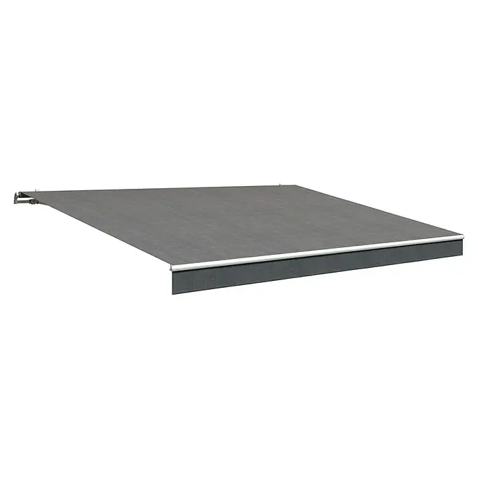 Solid Elements Gelenkarmmarkise S-8446 - Anthrazit, Breite: 4 m, Ausfall: 2 m - Nahaufnahme einer grauen Markise mit silbernen Akzenten, die vor Sonne und Wetter schützt und Schatten spendet. Ideal für Terrasse.