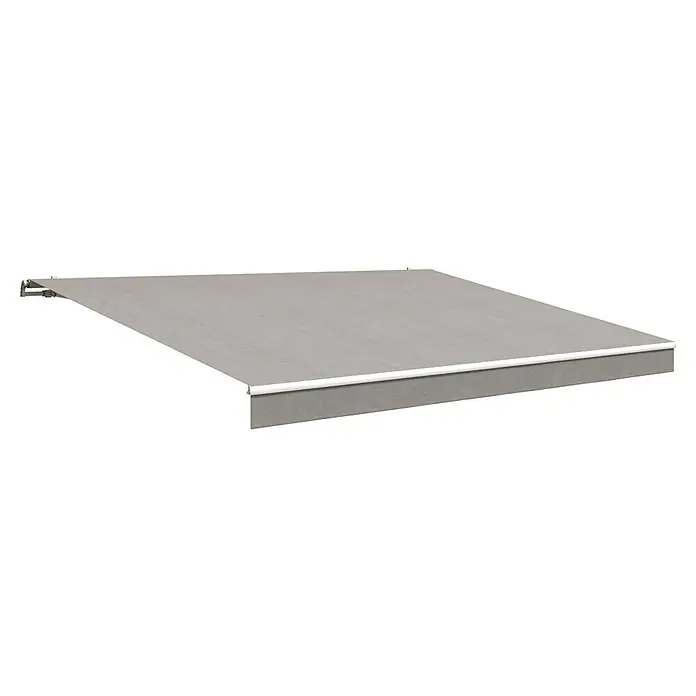 Solid Elements Gelenkarmmarkise S-8441 - Beige/Grau, Breite: 5 m, Ausfall: 2,5 m - Das Bild zeigt eine hochwertige Markise in einem neutralen Grauton, ideal für den Sonnenschutz und die Gestaltung von Außenbereichen.