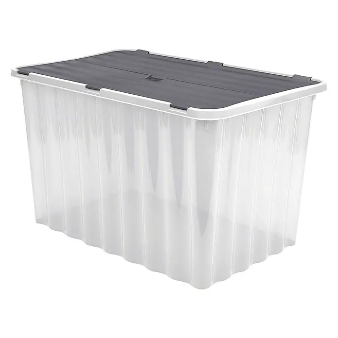 Caja de almacenaje Wave - L x An x Al: 30 x 44 x 30 cm, Plástico, Transparente - Imagen de una caja de almacenamiento rectangular transparente con tapa gris. Ideal para guardar objetos y para organizar en el hogar.