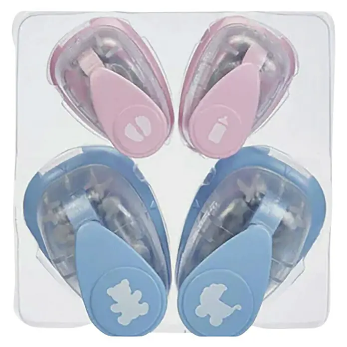 Artemio Juego de troqueles - Decoración, Bebé, 1,6 x 1 cm - Set de cortaúñas para bebé en rosa y azul con motivos de pies de bebé, biberón, oso de peluche y cochecito para el cuidado del bebé.