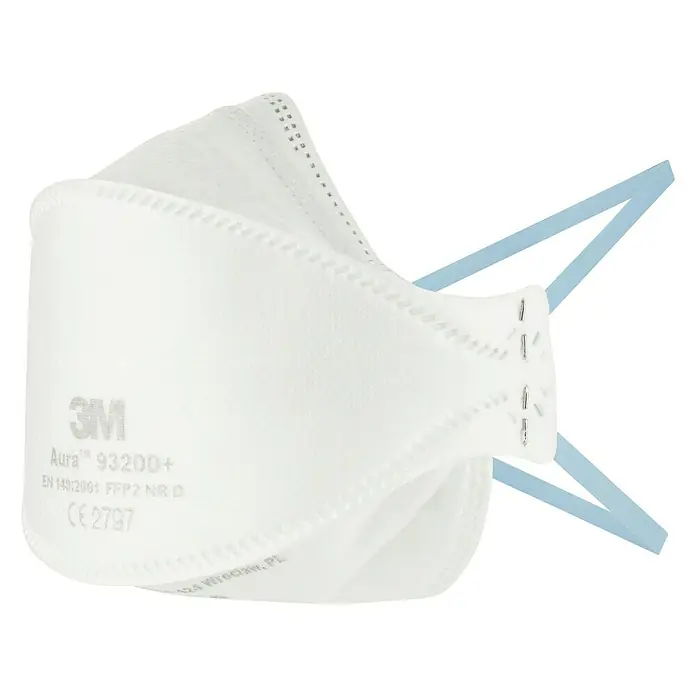 3M Mascarilla de protección respiratoria 9320D+ - FFP2 NR D, 5 ud. - Primer plano de una máscara respiratoria 3M Aura 93200+ FFP2, diseñada para la protección de partículas y un ajuste cómodo.\n