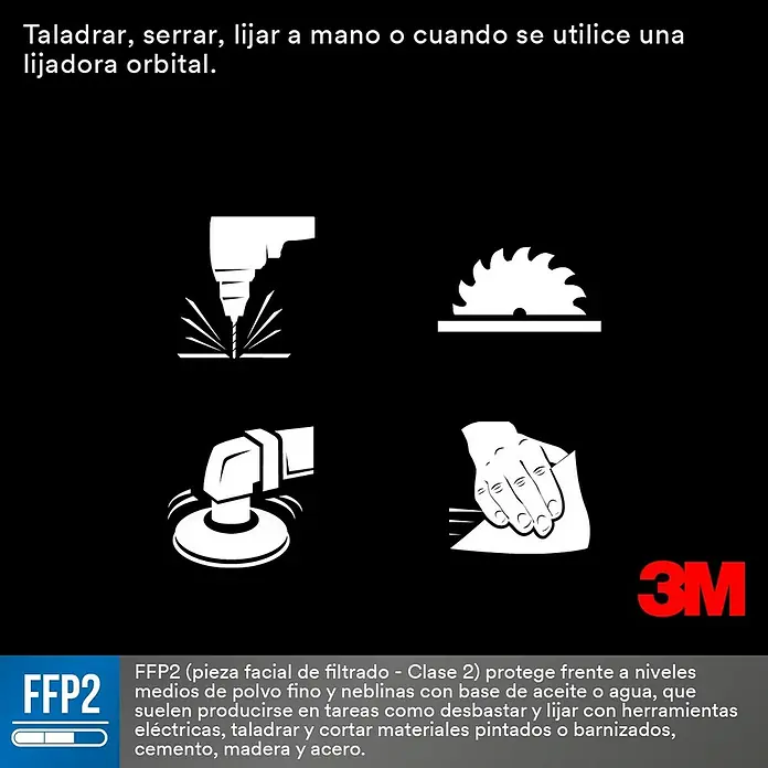 3M Mascarilla de protección respiratoria 9320D+ - FFP2 NR D, 5 ud. - Ilustración con indicación de máscara FFP2 para protección en trabajos como taladrar, serrar y lijar.