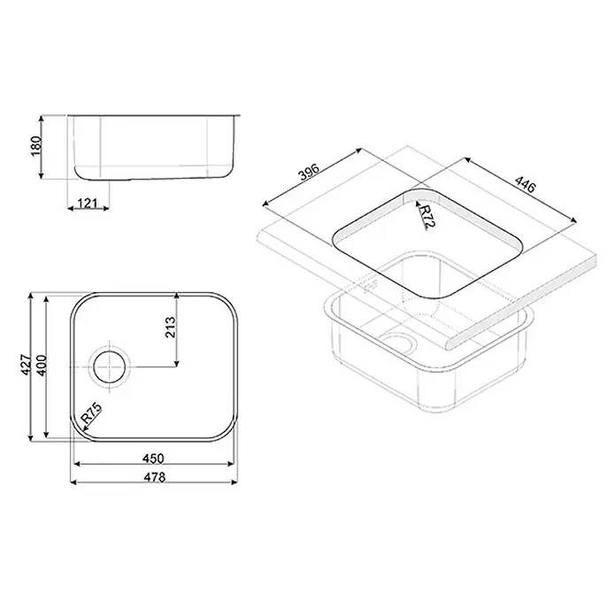Smeg Fregadero encastrable UM45 - 42,7 x 47,8 cm, Acero inoxidable - Imagen de un dibujo técnico de un fregadero de cocina, detallando las medidas precisas para la instalación y el diseño, incluyendo vistas laterales y superiores.