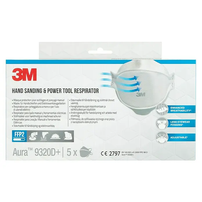 3M Mascarilla de protección respiratoria 9320D+ - FFP2 NR D, 5 ud. - Mascarilla respiratoria 3M Aura 9320D+ para lijado manual y herramientas eléctricas, ofrece mayor transpirabilidad y menos empañamiento.