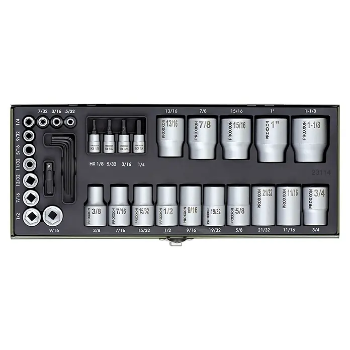 Proxxon Industrial Steckschlüssel-Set - 36 -tlg., Antriebsgröße: ¼″ Vierkant - Proxxon Steckschlüsselsatz, geordnet in einem schwarzen Werkzeugkasten, ideal für Heimwerker und Profis, die Wert auf Qualität legen.